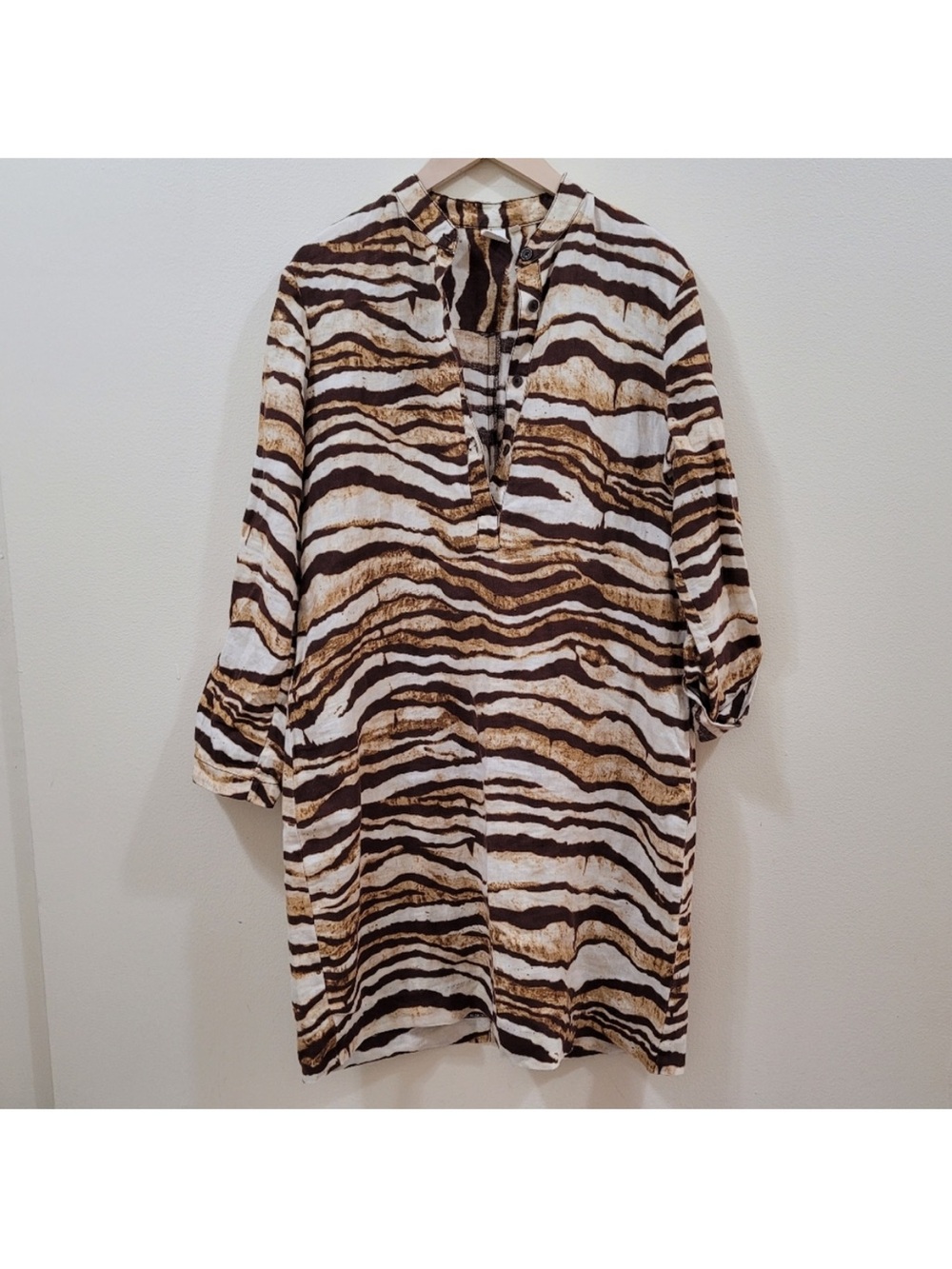 Jones New York Linen Brown and White Zebra-Stripe Tunic Dress